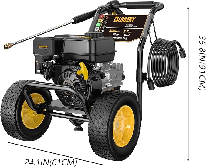 BLUBERY 3600 PSI Gas Pressure Washer, 2.7 GPM Heavy Duty High Power Washer, 30Ft Pressure Hose&Soap Tank,5 Pressure Nozzles,Black-VerdiqueGarden