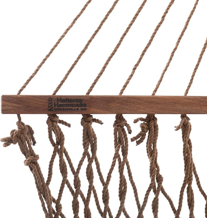 Hatteras Hammocks Deluxe Antique Brown DuraCord Rope Hammock – 13 ft. x 60 in., 2-Person, 450 lb Capacity, Cumaru Spreader Bar, Zinc-Plated Hardware – Handcrafted in The USA-VerdiqueGarden