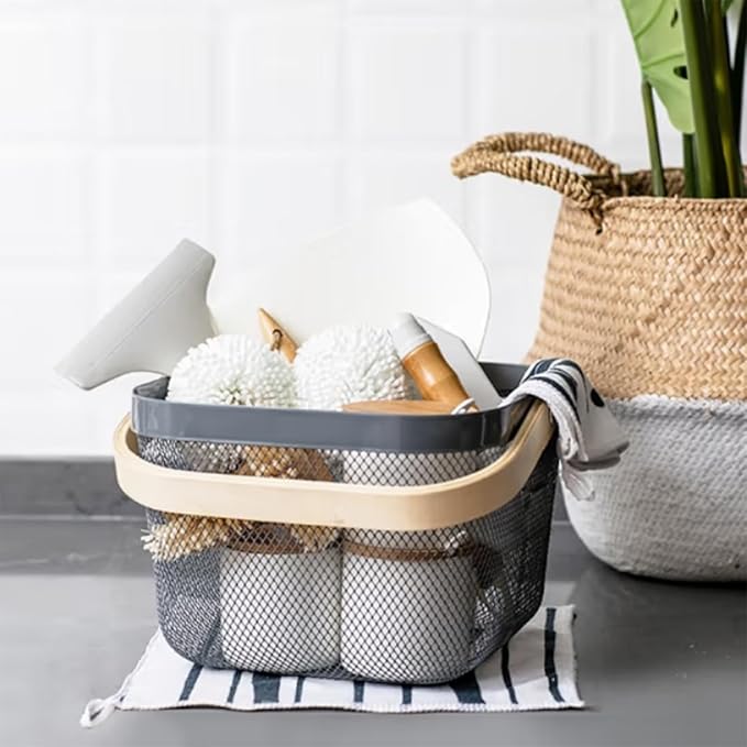 Metal Mesh Steel Basket, Storage Organizer Basket Multi-functional Hanging Kitchen Baskets Fruit Basket with Wooden Handle for Kitchen Bathroom Picnic Shopping Decor Cabinet Home, Grey-VerdiqueGarden