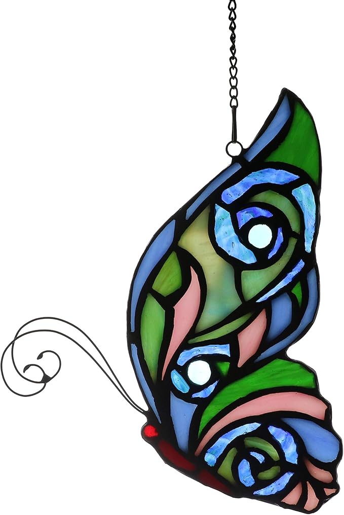 Stained Glass Window Hangings Butterfly Tiffany Style Butterfly Suncatcher for Window Hanging Suncatchers Handcrafted Ornament (Green&Blue)-VerdiqueGarden
