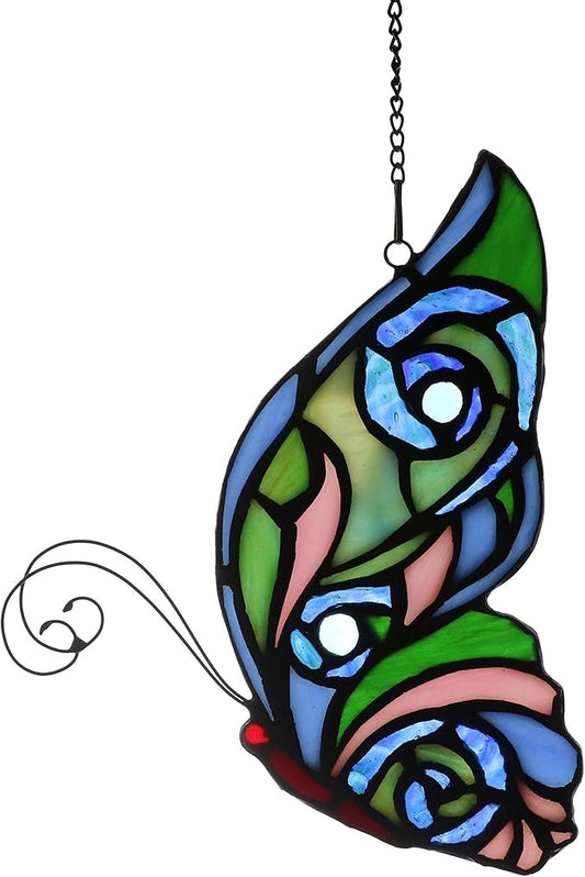 Stained Glass Window Hangings Butterfly Tiffany Style Butterfly Suncatcher for Window Hanging Suncatchers Handcrafted Ornament (Green&Blue)-VerdiqueGarden