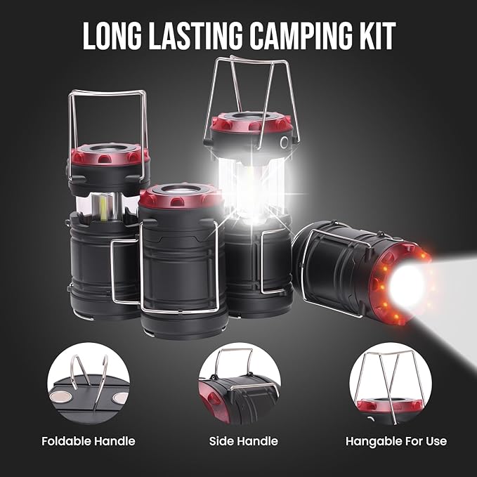 Lichamp 4 Pack Lantern Camping Essentials Lights, Battery Powered Collapsible Lanterns Flashlights with Red Strobe/SOS, Magnetic Base, for Power Outages, Hurricane, Tent Lights for Emergency-VerdiqueGarden