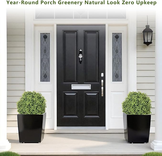 THE BLOOM TIMES 2ft Boxwood Topiary Ball Trees Artificial Outdoor Set of 2, 24" Faux Evergreen Plants Outside UV Resistant Greenery, Fake Potted Bushes and Shrubs for Front Porch Planter Patio Decor-VerdiqueGarden