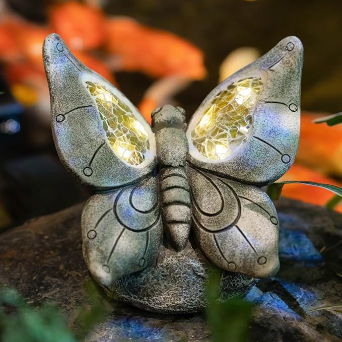 Garden Statue Butterfly,Solar Butterfly Decor for Outdoor,Resin Butterflies Figurine with Solar Light for Patio,Balcony,Yard,Lawn Ornament,Perfect Garden Gift-VerdiqueGarden