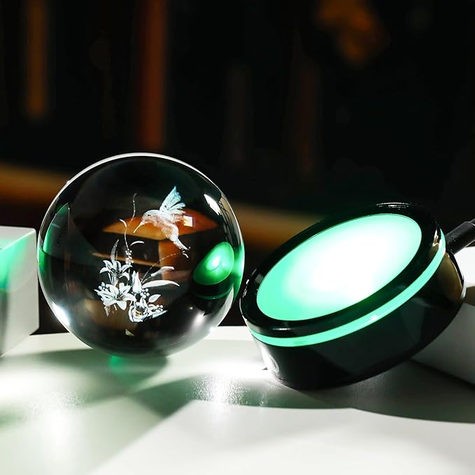 YWHL 3D Hummingbird Figurine Crystal Ball with Light Base, Hummingbird Gifts for Women Men on Christmas Birthday, 3D Laser Engraved Hummingbird Ornament Glass Decorative Ball for Home Office (80mm)-VerdiqueGarden
