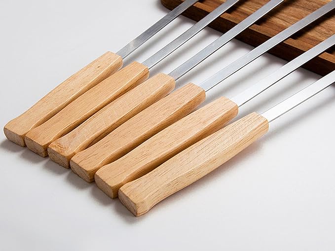 17-Inch Long Flat BBQ Skewers, HONSHEN Brazilian-style Stainless Steel 3/8 Inch Wide Blade with hardwood Handle barbecue skewers for Grilling Meat,Chicken,Shrimp,Vegetables-Set of 12-VerdiqueGarden