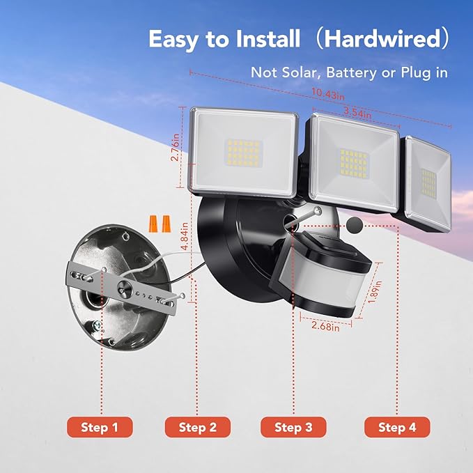 OREiN 4500LM/30W Flood Lights Outdoor, 180°/50FT Motion Sensor Outdoor Lights 3 Modes Dusk to Dawn IP65 Waterproof LED Security Light for 4500SQ.FT Area for Yard Garden, Black (Hardwired)-VerdiqueGarden