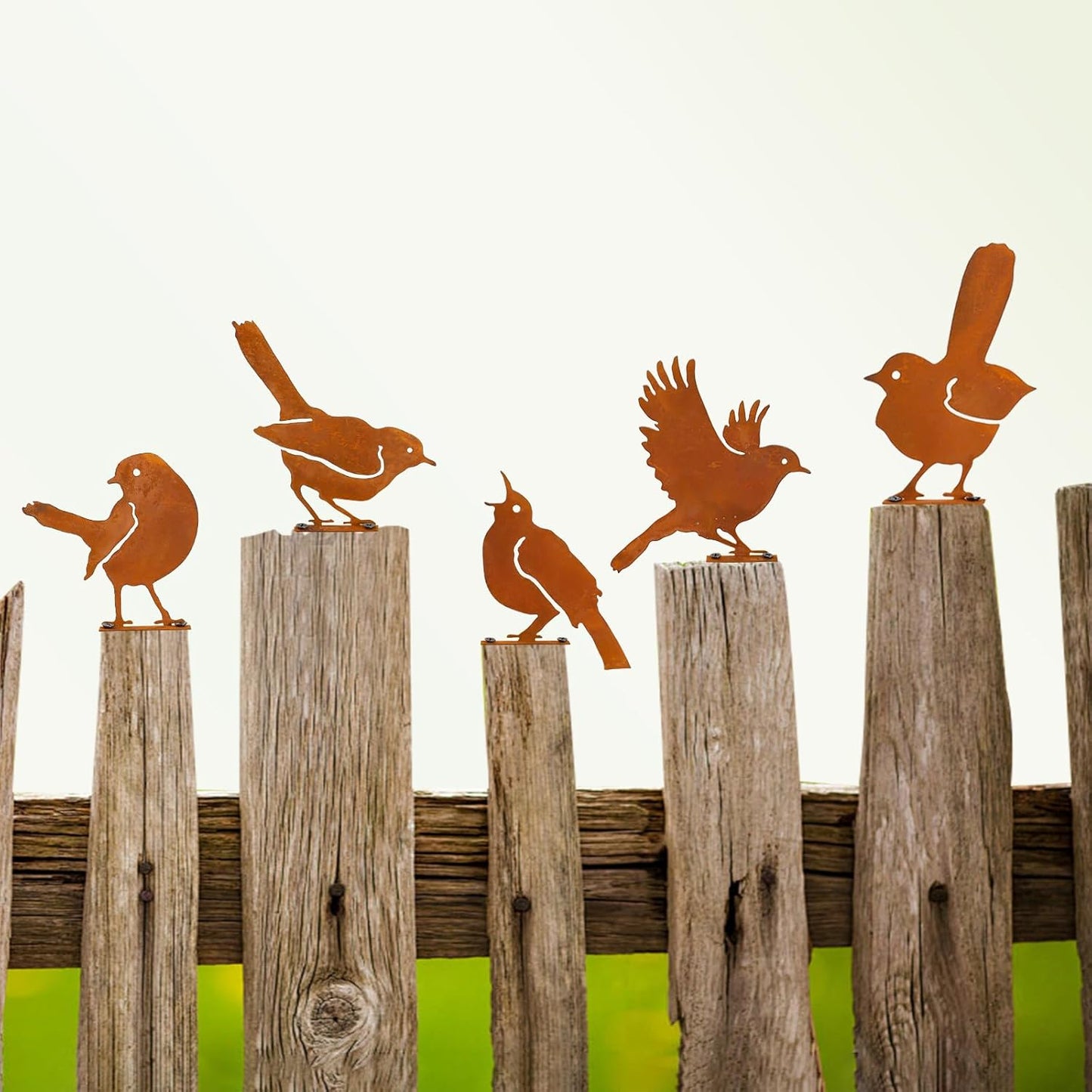 Nbippiooiwip Five-Piece Rustic Outdoor Bird Garden Sculpture Set, Metal Wall Art Bird Ornaments Ideal for Garden Stakes, Fields, Parks, Hotels, and Bird Enthusiasts Rustic Style-VerdiqueGarden