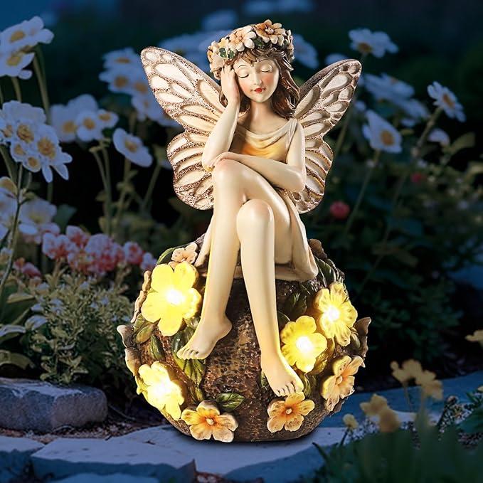 Solar Fairy Statue Sitting on The Flower Ball Light 6.8" Angel Statues for Garden Yard Patio Porch Lawn Decor Resin Fairy Figurine Outdoor Waterproof Angel Gifts for Women Mom Sister-VerdiqueGarden