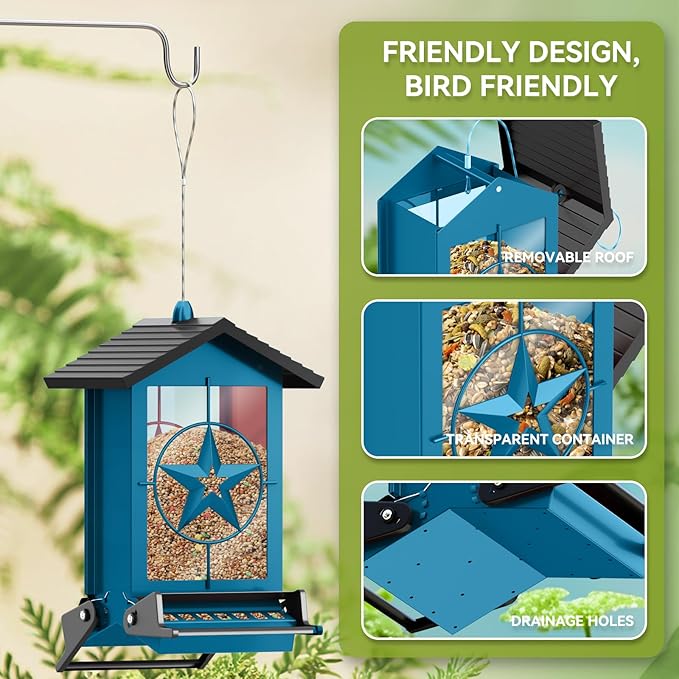 Squirrel Proof Bird Feeder for Outdoors Hanging, Metal Wild Bird Seed Feeder with Bilateral Weight-Activated Perches, 5LB Large Capacity Wild Bird Feeders for Outside Finch, Cardinal, Blue Jay-VerdiqueGarden