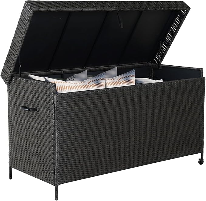 Grand patio 170 Gallon Storage Box, Dark Brown PE Wicker, Minimalist Style, Water Resistant, Flip Top, Smooth Wheels, for Patio Furniture Cushions, Garden Tools, Pool Accessories-VerdiqueGarden