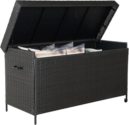 Grand patio 170 Gallon Storage Box, Dark Brown PE Wicker, Minimalist Style, Water Resistant, Flip Top, Smooth Wheels, for Patio Furniture Cushions, Garden Tools, Pool Accessories-VerdiqueGarden