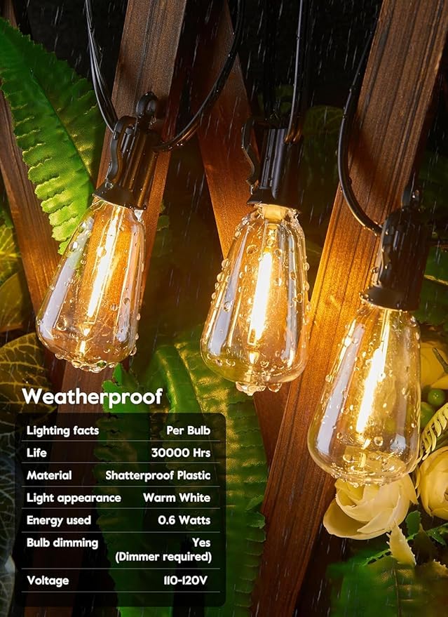 Brightown LED Outdoor String Lights 30FT for Patio with 16 Shatterproof ST38 Vintage Edison Bulbs, Waterproof Outside Hanging Lights for Backyard Deck Garden Party Xmas Decor, 2700K-VerdiqueGarden