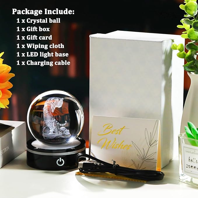 YWHL 3D Tiger Figurine Crystal Ball with Colorful Light Base, Tiger Gifts for Women Men, 3D Laser Engraved Full Sphere Glass Decorative Ball for Home Office (80mm)-VerdiqueGarden