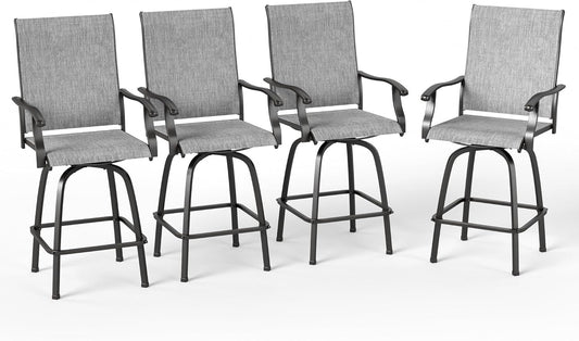 PHI VILLA Outdoor Swivel Patio Bar Stools Set of 4, 30 Inch Bar Height Tall Patio Chairs with Back & Armrest, Durable Textilene Fabric in Grey for Deck Lawn Garden-VerdiqueGarden