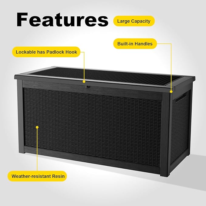 268 Gallon Outdoor Deck Box,Storage Lockable Waterproof Patio Furniture,Garden Tools,Cushions,Pool Accessories Outside Storage Resin Box(Black)-VerdiqueGarden
