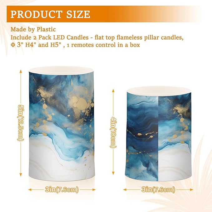 Flickering Flameless Candles, Marble Navy Blue LED Candles with Remote Timer, Set of 2 Battery Operated Candle for Valentine Wedding Birthday-VerdiqueGarden