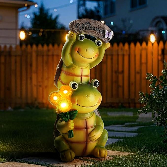 Garden Turtle Outdoor Statues, Solar Garden Statue Two Sweet Frog Face Turtles Decor with 3 LED Lights, Unique Art Resin Gifts for Patio Lawn Porch Yard-VerdiqueGarden