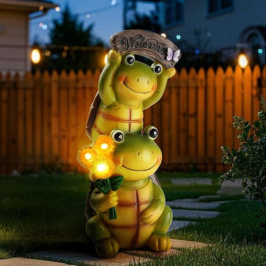 Garden Turtle Outdoor Statues, Solar Garden Statue Two Sweet Frog Face Turtles Decor with 3 LED Lights, Unique Art Resin Gifts for Patio Lawn Porch Yard-VerdiqueGarden