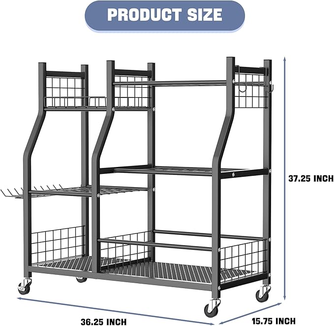 WALMANN Garden Tool Organizer with Wheels for Garage, Large Storage Capacity, Rakes/Shovels/Yard Tools Storage Stand for Shed, Garden, Indoor/Outdoor Long-Handled Tools Rolling Cart-VerdiqueGarden