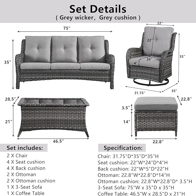 Wicker Outdoor Furniture Patio Furniture Set - 6 Piece Patio Conversation Set with Swivel Rocker Chairs, Rattan Sofa, Ottomans and Coffee Table, Gray Cushion-VerdiqueGarden