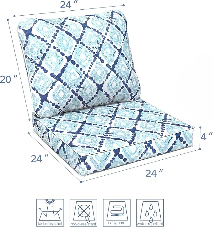 LVTXIII Outdoor Deep Seat Cushion Patio Seat and Back Cushion Set Seasonal Chair Cushion with Removable Cover and Adjustable Buckle for Home and Garden, 24"x24"x4", Boho Geometry Blue-VerdiqueGarden