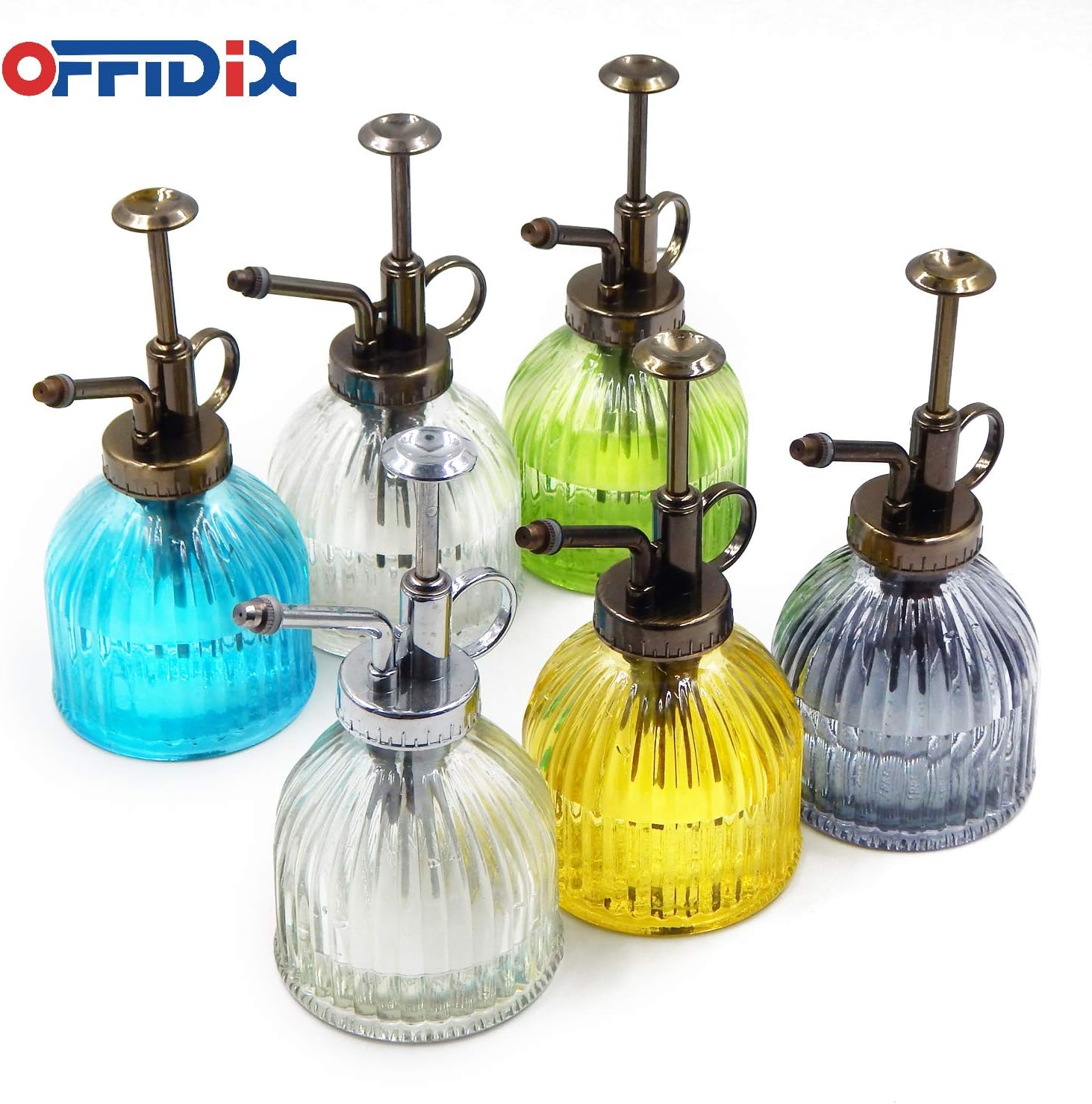 OFFIDIX Glass Watering Spray Bottle, 6.3" Tall Vintage Style Decorative Plant Atomizer Watering Can Pot with Bronze Plastic Top Pump for Indoor Potted Plants(Yellow)-VerdiqueGarden