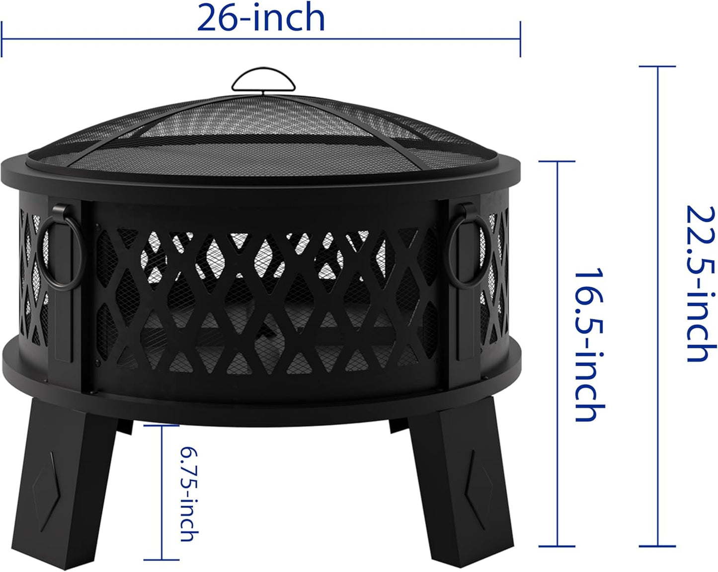 Fire Beauty 26" Steel Fire Pit with Grill & Diamond Mesh Design,360° Airflow Tech for 80% Less Smoke,XL Flames,Heavy-Duty Portable Outdoor Fire Bowl for Camping, Backyard, Beach (22lbs, 4 Handles)-VerdiqueGarden