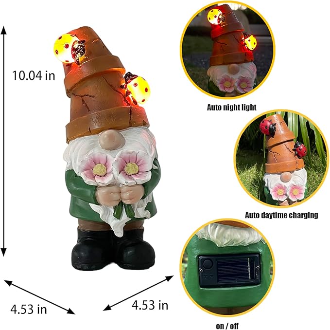 Garden Gnome Statues Outdoor Decor, Solar Gnomes with LED Lighted Flowers, Solar Resin Outdoor Statue Sculpture, for Woman Gift Home and Garden Decor-VerdiqueGarden