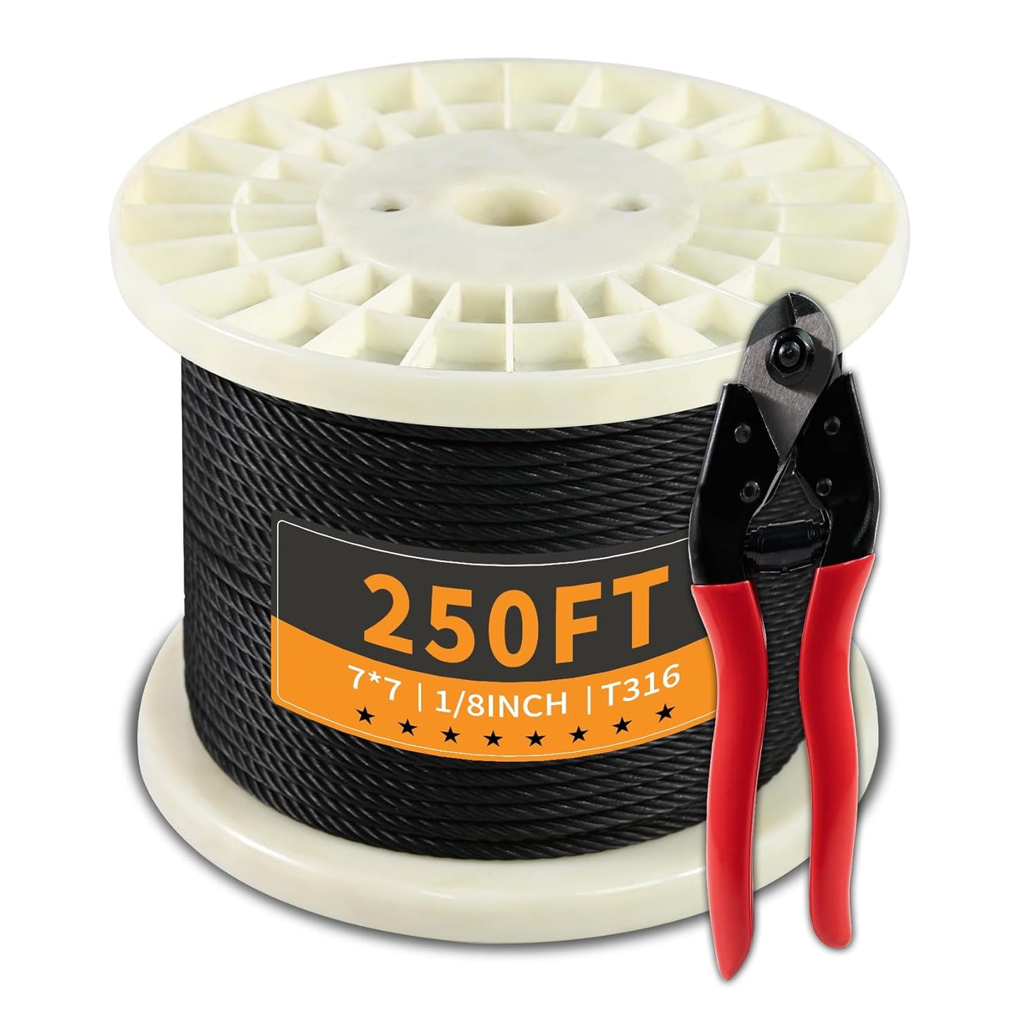 250FT 1/8" Stainless Steel Cable Black 7x7 Strands Aircraft Cable T316 Wire Rope with Cable Cutter 1800lbs Breaking Strength Wire Cable for Deck Cable Railing, Stair, Fence, DIY Balustrades-VerdiqueGarden