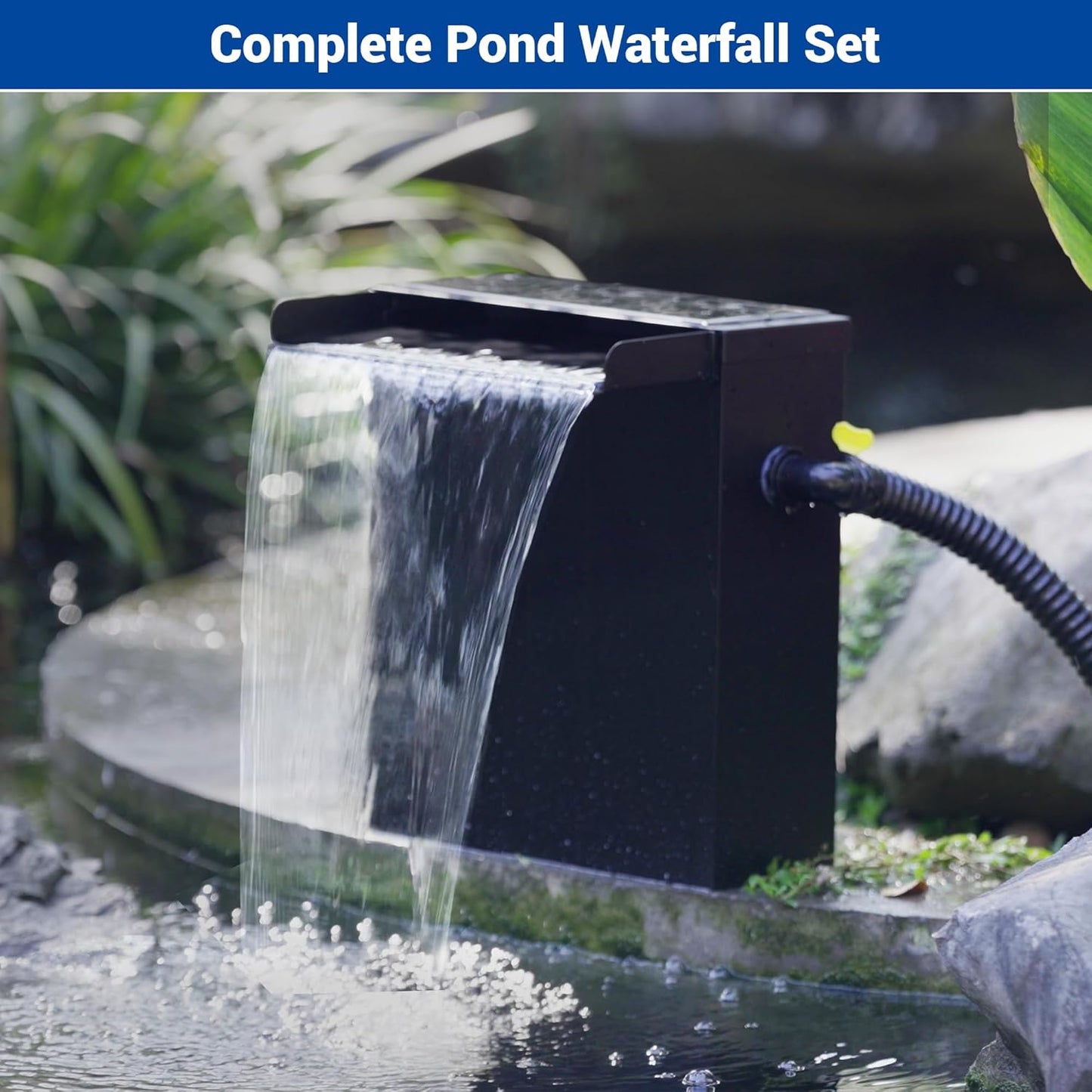 NFESOLAR Pond Waterfall Spillway with Pump Kit, Large 11.8" W 13.4" H Capacity Stainless Pond Waterfall Box with Filtration, LED Lights for Garden Outdoor Pond up to 2000 Gallons N4313-VerdiqueGarden