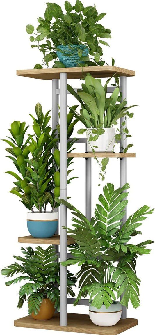 LINZINAR Plant Stand 4 Tier 5 Potted Indoor Plant Shelf Multiple Stands for Garden Corner Balcony Living Room (4 Tier 5 Potted, White)-VerdiqueGarden
