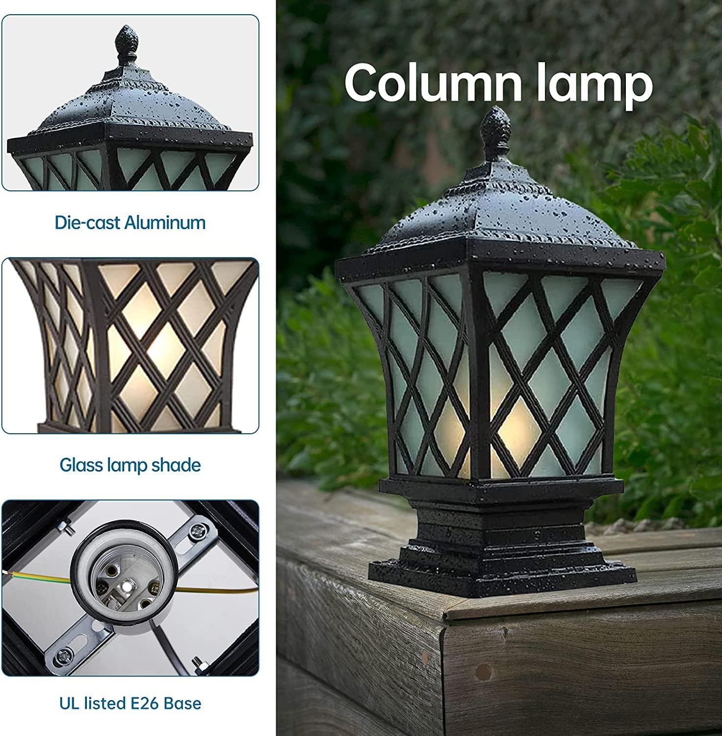 Outdoor Column Lights, 18.9″ Modern Column Lamp IP54 Waterproof Glass Post Light Outdoor E26 Aluminum Fence Post Light Fixtures for Villa Garden Park Lighting Black Pillar Lights-VerdiqueGarden