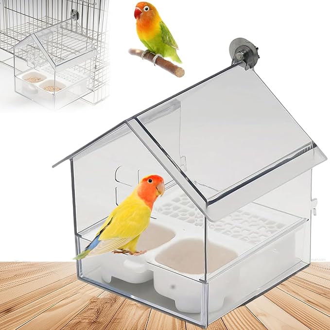 2026 New Pull-Out External Parrot Feeder, Bird Bath for Cage, 7*6*5.5in Bird Feeder House, Transparent Parakeet Cage Accessories, Easy To Fill, Clean, Long-Lasting, for Finch and Hummingbird (White)-VerdiqueGarden