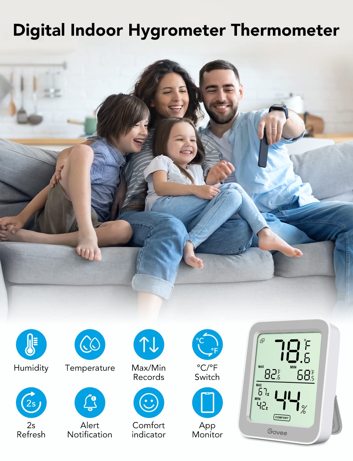 Govee Indoor Hygrometer Thermometer 3 Pack, Bluetooth Humidity Temperature Gauge with Large LCD Display, Notification Alert with Max Min Records, 2 Years Data Storage Export, Grey-VerdiqueGarden