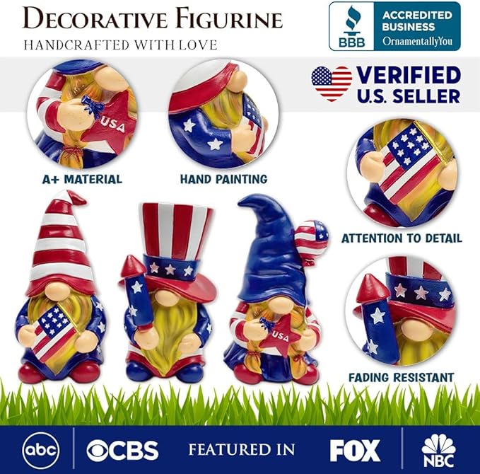 Spring & Summer-Themed Garden Statues – Adorable Outdoor Decor for Lawn, Patio & Porch (Patriotic Gnome Trio Figurines, 6" Set of Three Garden Statues and July 4th Decoration)-VerdiqueGarden
