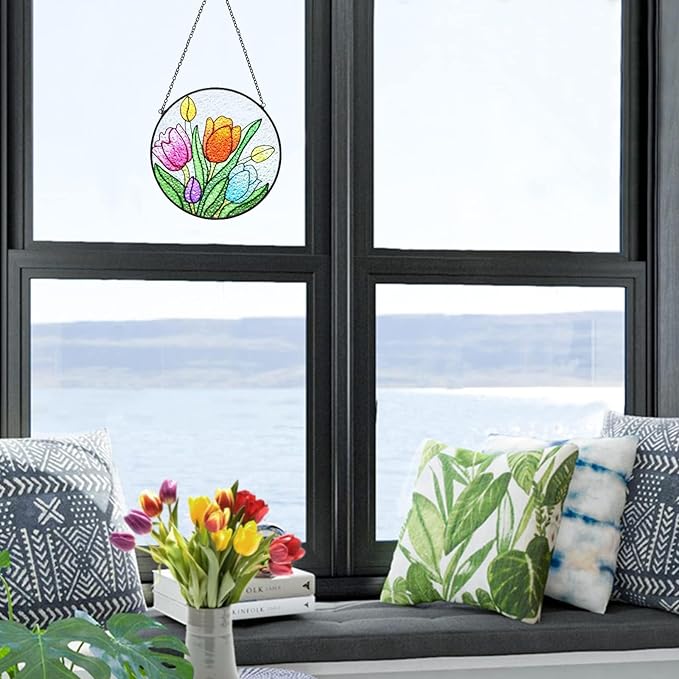 Tuitessine Tulip Suncatcher Stained Glass Window Hanging Panels, 6.3''x6.3'' Round Handmade Hanging Ornament with Chain, Garden Patio Wall Decor Flower Gift for Mom Teachers Friends-VerdiqueGarden