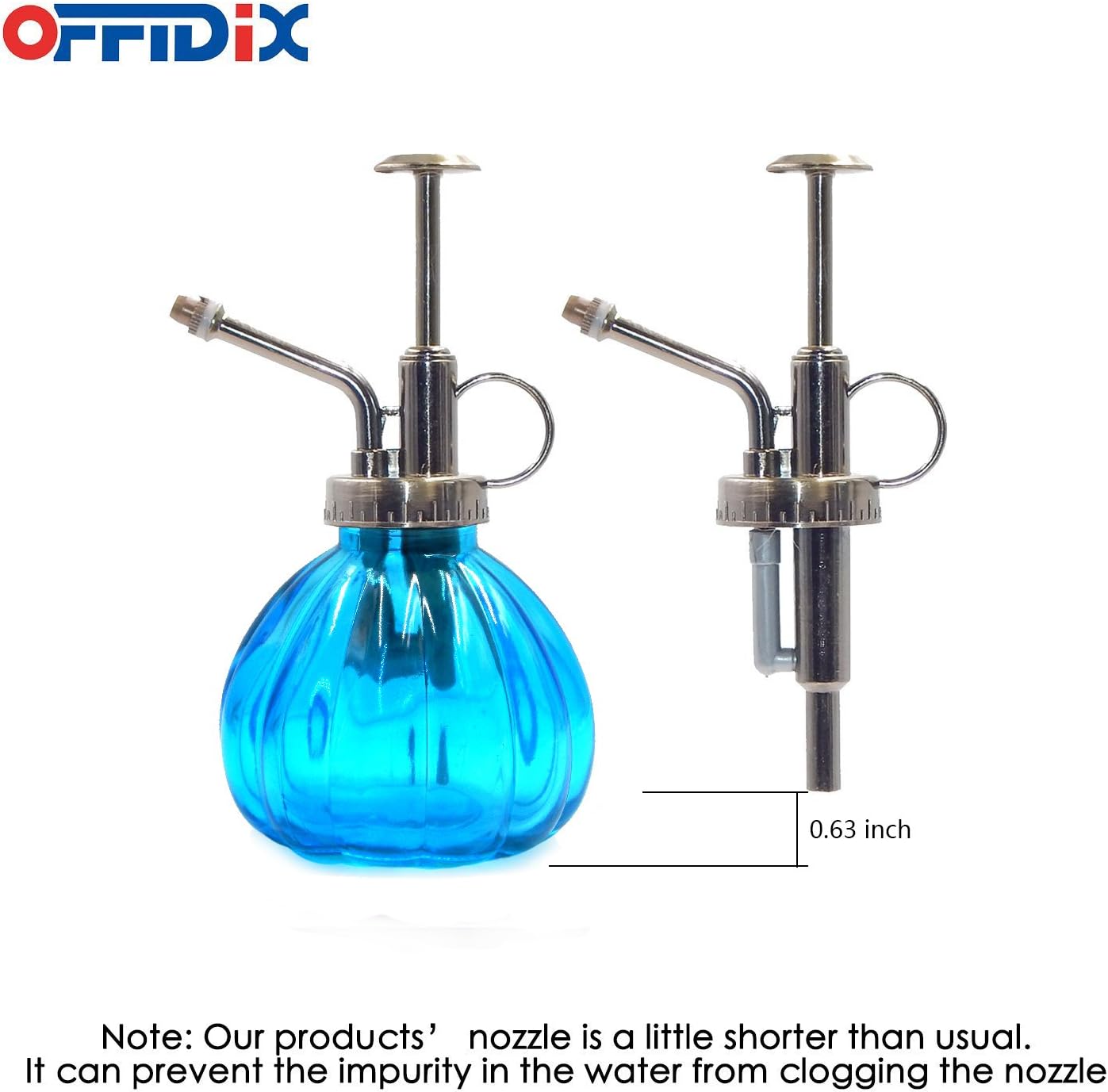 OFFIDIX Glass Watering Spray Bottle, 6.3" Tall Vintage Style with Bronze Plastic Top Pump One Hand Watering Can Spray Bottle (Light Blue)-VerdiqueGarden