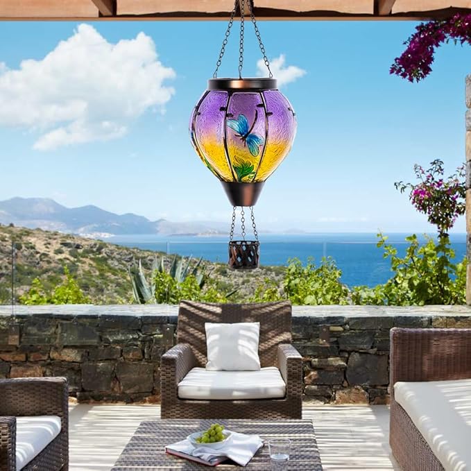 Starsoul Dragonfly Hot Air Balloon Solar Lantern Outdoor Glass Hanging Hot Air Balloon Lantern with Flame Light Waterproof for Patio Pathway Yard Porch Backyard Decor-VerdiqueGarden