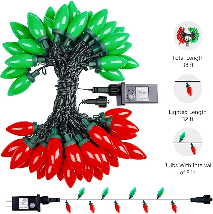 C9 Bulbs Classic Christmas Lights - 50 LED 32ft Strawberry String Light Red&Green - Extendable 8 Modes Funtion with Timer Fairy Lighting for Outdoor, Indoor, Party, Home, Tree Decorations-VerdiqueGarden