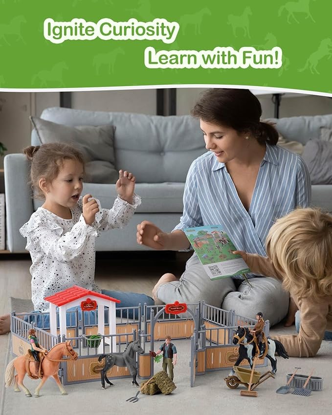 Horse Stable Playset, Horse Gifts for Girls and Boys with 3 Horses and 2 Riders, Horse Toys Set Farm Animals Toys for Kids 3 4 5 6 7 8+ (Horse Playset 1)-VerdiqueGarden