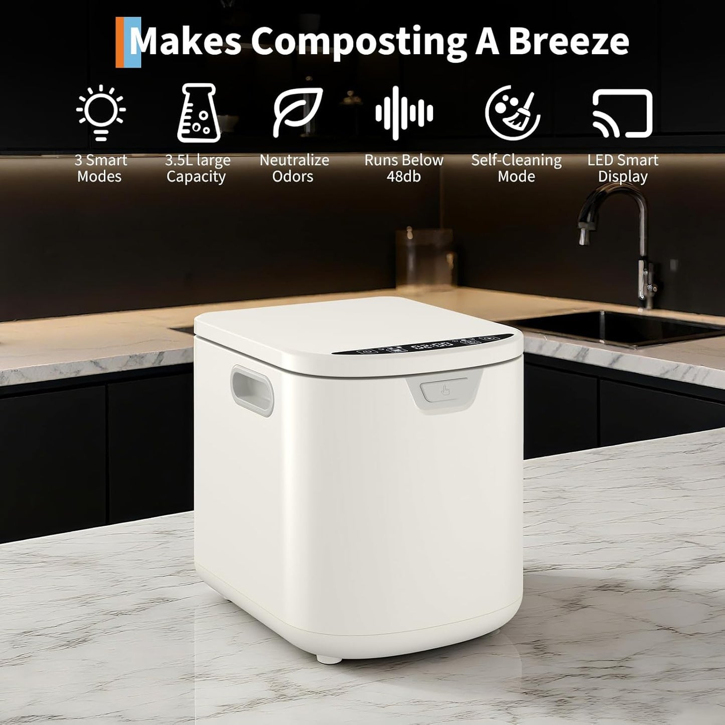 3.5L Electric Kitchen Composter Smart Odorless Compost Bin Auto-Cleaning,Countertop Food Waste Composting Machine -Fast 4-6H Food Waste to Fertilizer Conversion for Outdoor Use (White-VerdiqueGarden
