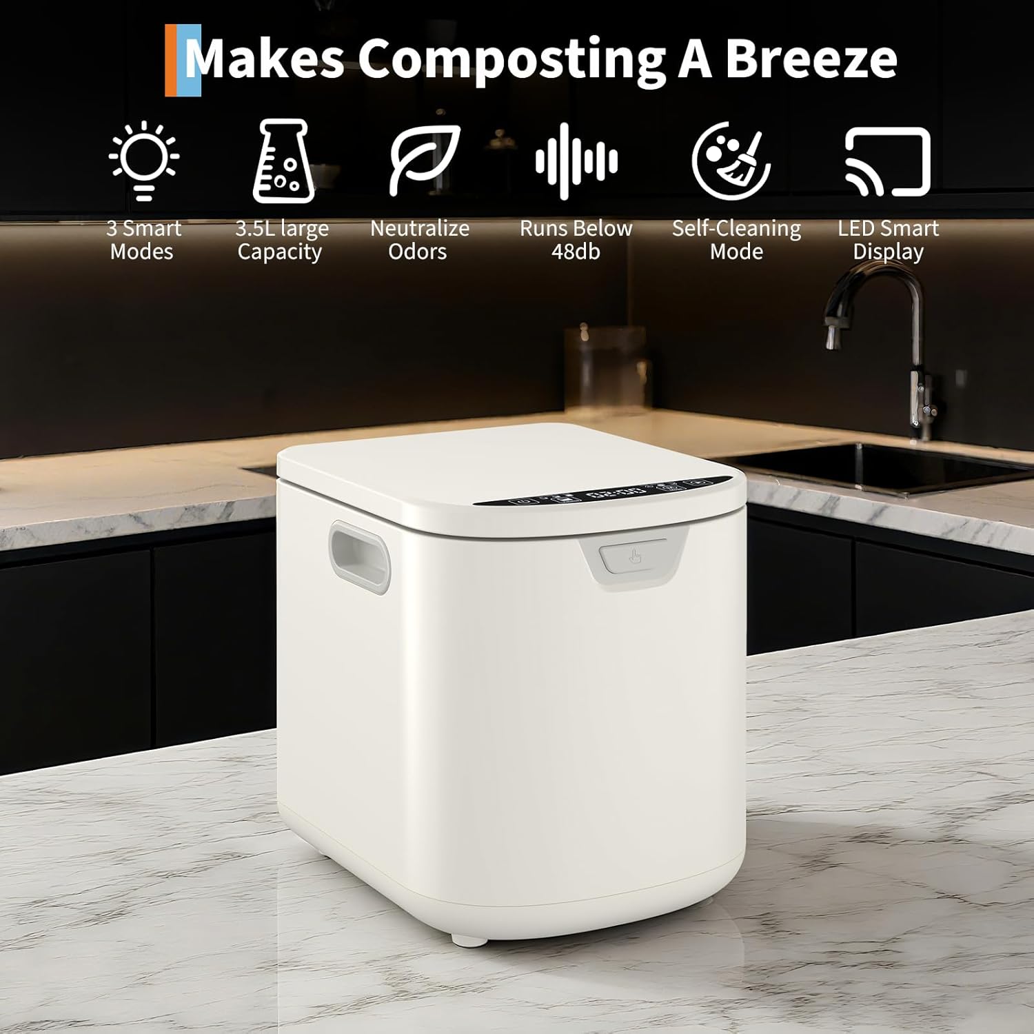 3.5L Electric Kitchen Composter Smart Odorless Compost Bin Auto-Cleaning,Countertop Food Waste Composting Machine -Fast 4-6H Food Waste to Fertilizer Conversion for Outdoor Use (White-VerdiqueGarden