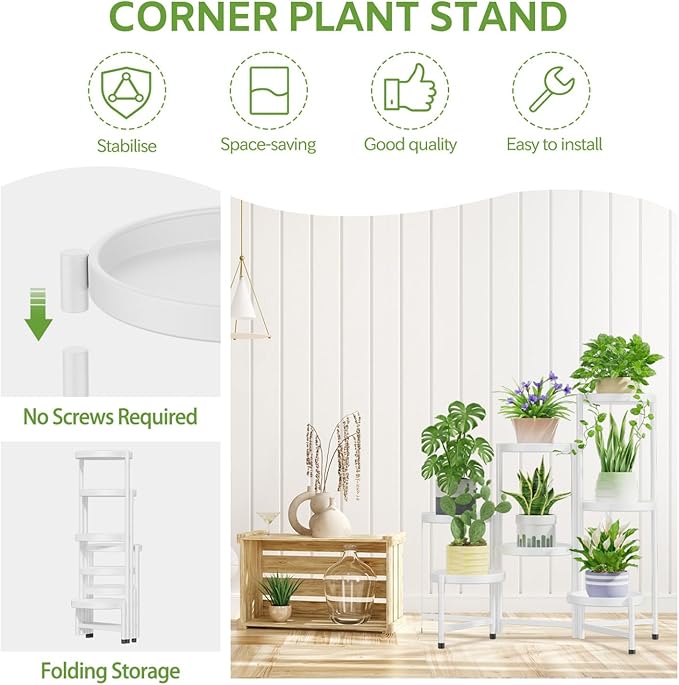iDavosic.ly 7 Tier Large Plant Stand Indoor, 10 Inch Wide Tall Corner Metal Plant Stands Outdoor for Multiple Plants, Folding Tiered Flower Display Holder Rack Shelf, White-VerdiqueGarden