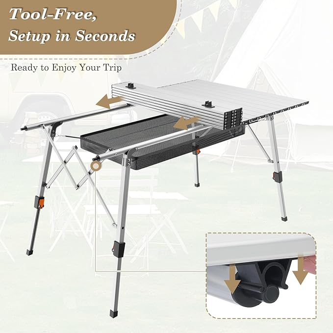 Athena Collection Foldable Camping Table, 47" Aluminum Outdoor Folding Camp Table with Mesh Layer Telescopic Legs and Carry Bag, Lightweight and Portable for Outdoor Camping Picnic Grilling, Silver-VerdiqueGarden