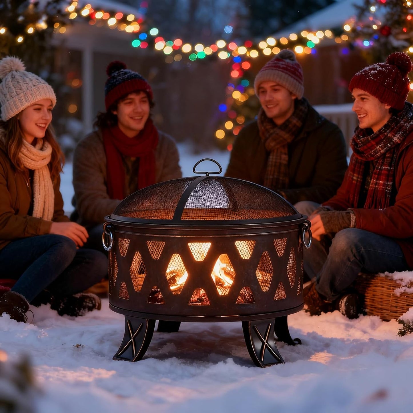 Breezz 26 Inch Wood Burning Fire Pit with Cooking Grill and Spark Screen, Outdoor Metal Round Firepit for Patio, Backyard, Bonfire Party, Camping and Garden-VerdiqueGarden