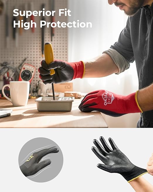 OKIAAS Work Gloves for Men, Ultra Thin and Lightweight with Grip, Bulk Case of 60 Pairs Construction Gloves with Polyurethane Coating, Safety Gloves for Light Duty Work (Black, Small)-VerdiqueGarden