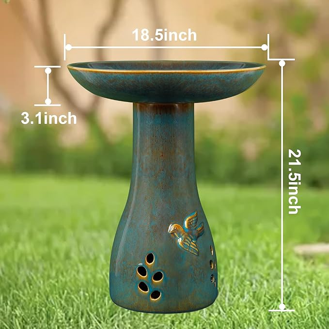 Ceramic Bird Bath for Outdoors, 21.5 inch Heavy Duty Bird Bath，Weather-Resistant Birdbath for Outdoor Garden Use, Attracts Birds, Elegant Yard Décor - Blue-VerdiqueGarden