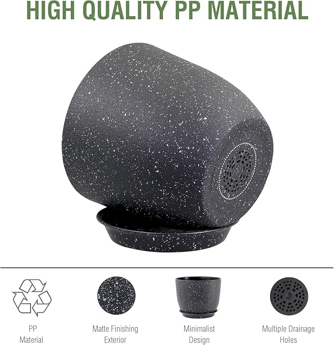 12 inch Big Plant Pots, Plastic Planters with Drainage Holes and Trays, Large Flower Pots for Indoor Outdoor Plants, Modern Decorative Pots for Garden House Plants, Speckled Black-VerdiqueGarden