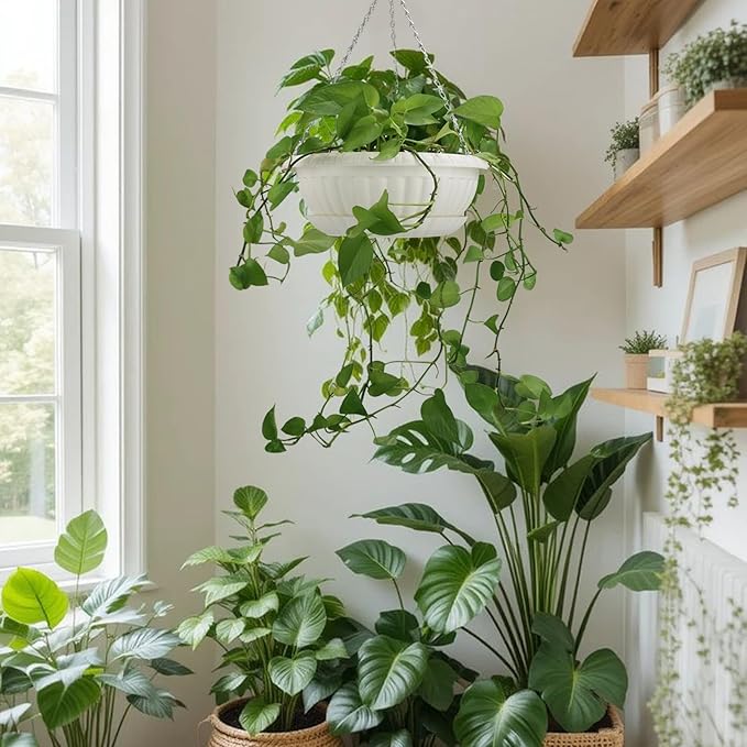 10.63in Hanging Planter Pots for Outdoor and Indoor Plants Flowers with Drainage Hole Tray Hooks Plastic Plant Baskets for Garden Home Porch (White, Pack of 6)-VerdiqueGarden